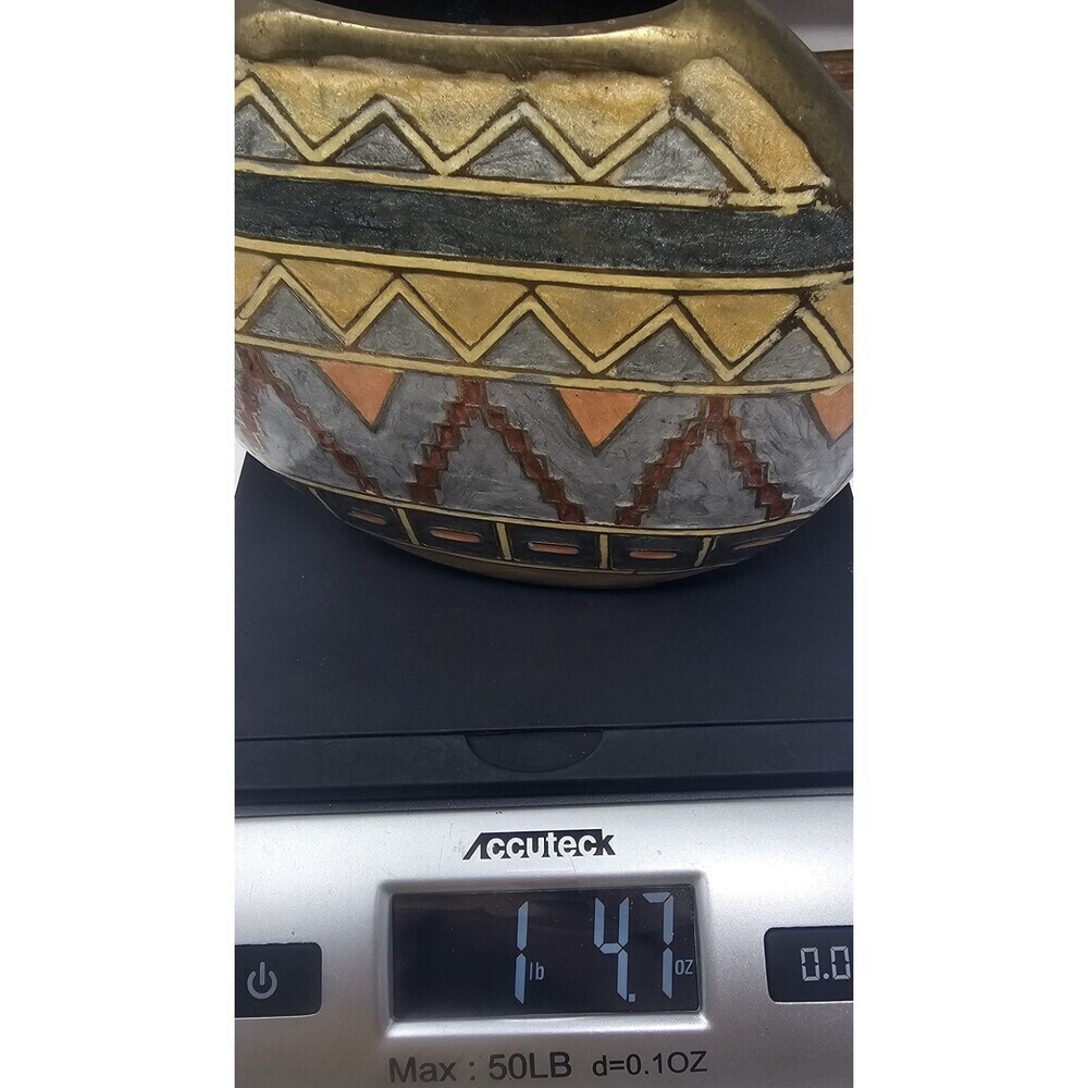 Vintage Small Geometric Enameled Painted Multicolor Brass Vase India 5"x5" - Picture 10 of 10